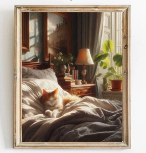 Fluffy orange white cat sleeping on a cozy bed Window Vintage Painting print art - Picture 1 of 3