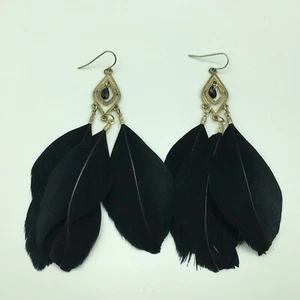 Black Feather Earrings Statement Chandelier Dangle Drop Pierced Retro Gothic - Picture 1 of 7