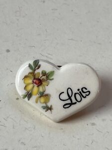 Vintage Earthy Endeavors Small Cream Ceramic Heart w Yellow Daisy Flower & LOIS