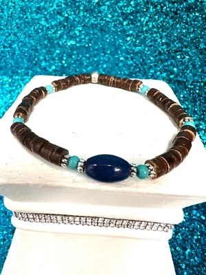 Western Wood & Turquoise Blue Stone Oval Focal Bead Stretch Bracelet 8.5 Inch - Image 1 of 4