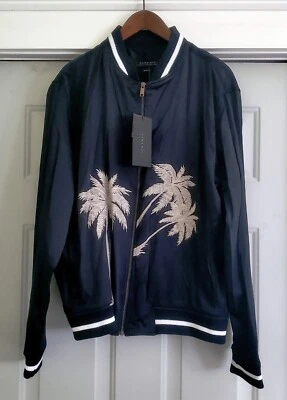 Rare Zara Man Mens Black Satin & Palm Trees Bomber Jacket - Size XL - NEW - Image 1 of 4