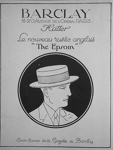 PUBLICITÉ DE PRESSE 1928 CHAPEAU BARCLAY NOUVEAU RUSTIC ANGLAIS THE EPSOM - Imagen 1 de 1