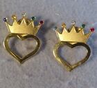 2 Crown Over Heart Pins Gold Tone with 5 Multi- Color Rhinestones Miss Fit Vtg