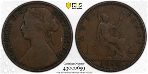 1860 Great Britain Penny 1D PCGS VF20 LCW/SHIELD SIG BELOW BUST S-3954 - Picture 1 of 3