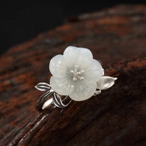 Real Solid 925 Sterling Silver Band Natural Jade Women Lucky Lily Flower Ring - Picture 1 of 5