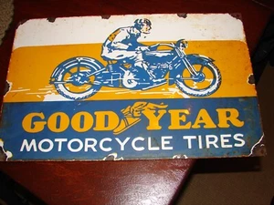 Old Goodyear Motorcycle Tires Porcelain Advertising Sign Heavy Great Graphics - Picture 1 of 21