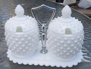Vintage Fenton Hobnail White Milk Glass Condiment Jelly Jars Set Holder  - Picture 1 of 10
