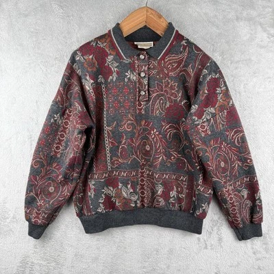 Season Ticket 90s Streetwear Knit Henley Sweater Womens L Red Floral USA Made - Image 1 of 4