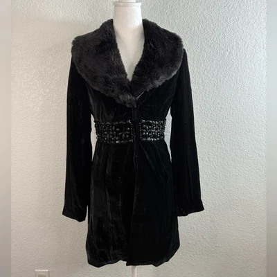 White House Black Market Black Velvet Faux Fur Beaded Coat Whimsigoth Y2K Witchy - Image 1 of 4