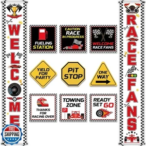 Race Car Birthday Party Banner Checkered Flags 9 Cars Party Signs for Car Bir - Picture 1 of 5
