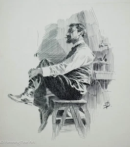 Fina ilustración antigua de hombre sentado, libro publicado, dibujo a tinta firmado "VB" - Imagen 1 de 10
