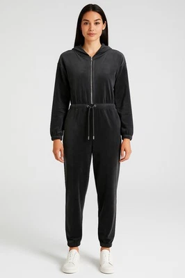 Y2K Juicy Couture Women Hooded Medium Jumpsuit Velour Black Tracksuit One Piece - Image 1 of 4
