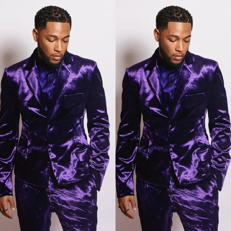 Esmoquin púrpura de terciopelo 2 piezas para hombre para cena fiesta boda novio blazers Foto 1 de 4