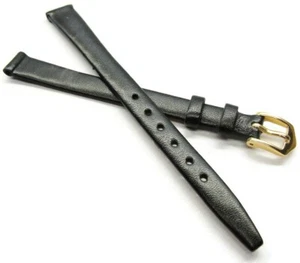 Gilden NOS Vintage schwarzes Kalbsleder unbenutzt Uhrenarmband goldfarbene Schließe 11 mm Pins - Bild 1 von 9