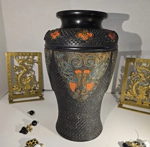 Vintage 1920s Tokanabe Black Textured Art Pottery Vase Japanese 10" T - VIDEO - Picture 1 of 14