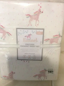 Pottery Barn Kids Organic Flannel Pink Unicorn Rainbow Sheet Set Twin NWT - Picture 1 of 1