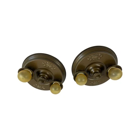 Pair Antique Flush Mount Brass Pan Lights 2-Lt Bare Bulb Fixtures c1920 Restored Cover