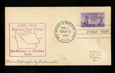 US Postal History HPO Trip 2 11/1/1952 Des Moines IA & Sheldon IA Signed Rt. 120 - Image 1 of 2