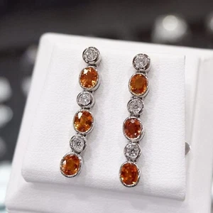 Pendiente de diamantes de zafiro naranja natural de 2,75 quilates zafiro genuino de oro blanco de 18 quilates - Imagen 1 de 5
