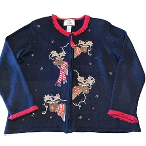 Vtg Christmas Sweater Women Medium Cardigan Embellished Reindeer Zip Tiara Ugly - Picture 1 of 7