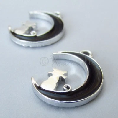 Cat Sitting On Moon 20mm Silver Plated Black Enamel Charms C7687 - 5, 10, 20PCs - Imagem 1 de 2