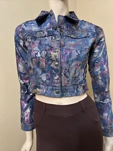 Women’s Violet Floral Denim Cotton Casual Stretch Slim Button Size S Jacket - Picture 1 of 21