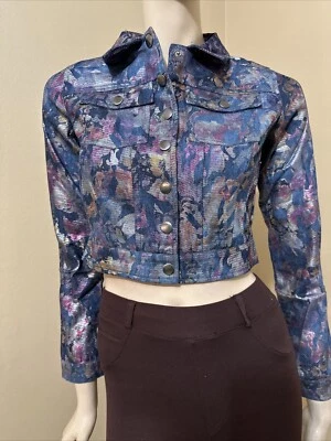 Chaqueta para mujer Violeta Floral Denim Algodón Informal Elastizada Ajustada Botón Talla L Foto 1 de 4