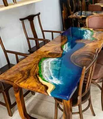 Live Edge Ocean Table, Ocean Dining Epoxy Table For Modern Furniture Decor - Image 1 of 4