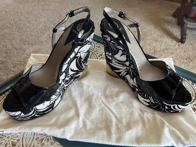 RARE Versace Medusa Black White Floral Silk Leather Platform Wedge Sandals 8 - Image 1 of 4