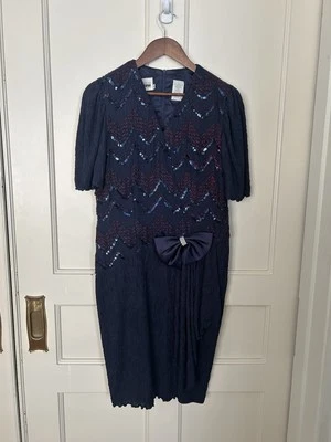 Vintage Leslie Fay Sequin Bow Midi Dress Womens Size 8 Blue Red 90s USA - Image 1 of 4