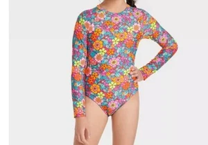 Cat & Jack Retro Row Floral Rash Guard One Piece Swimsuit Girl's Size XS (4/5) - Picture 1 of 13