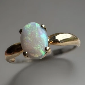 Vintage 9ct Yellow Gold Natural White Opal Ring Size L Oval Stone Stamped 10k - Picture 1 of 15