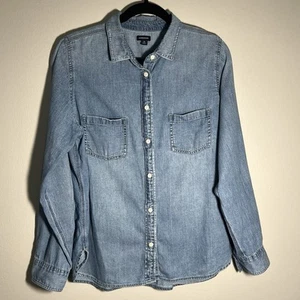 J Crew Top Women 16 Blue Distressed Chambray Western Light Academic Cabin Core - Picture 1 of 14