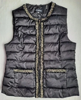 KARL LAGERFELD WOMENS SZ M BLACK QUILTED INSULATED GOLD METALLIC TWEED TRIM... - Image 1 of 4