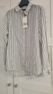 BNWT Zara Striped Glitter Silver Thread Blue White Shirt Blouse Top M Medium - Picture 1 of 15