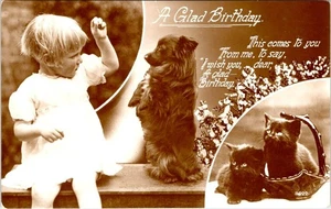 RPPC,  A GLAD BIRTHDAY  Little Girl~Small Dog Sitting Up/Trick~Kittens  Postcard - Picture 1 of 2