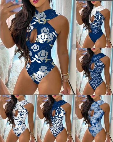 Indianapolis Colts One Piece Cutout Swimsuit Criss Cross Halter Bathing Suit Cover