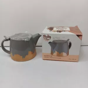Pinky Up HARPER 20 oz. Ceramic Teapot & Infuser Loose Leaf Tea Gold Dipped Gray - Picture 1 of 15