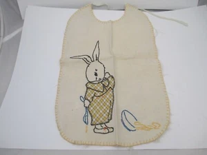 Vintage Completed Cross stitch Bunny rabbit bib spilled bowel damaged - Picture 1 of 10