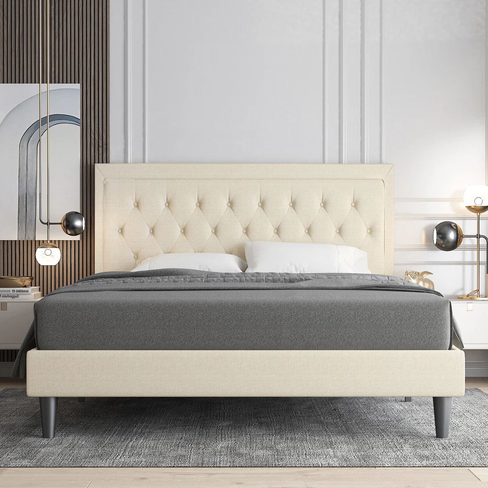 Sifurni Upholstered Queen Platform Bed Frame with Button Tufted Headboard, Beige