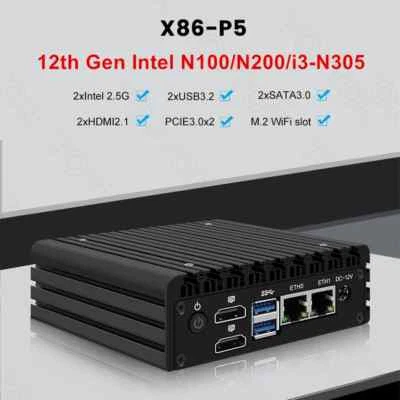 X86 P5 12th Gen Mini Router i3 N305 N200 N100 DDR5 Firewall2x i226-V 2.5GFanless - Image 1 of 4