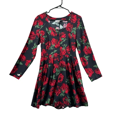 Vintage 1990s Romper Size M Black Red Rose Print Button Long Sleeve Whimsigoth - Image 1 of 4