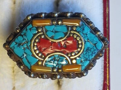 ANILLO EXÓTICO ANTIGUO DE PLATA DEL MEDIO ORIENTE #7 ROJO N ROSA NARANJA CORAL TURQUESA Foto 1 de 4