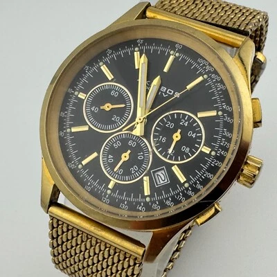 Akribos Quartz Watch Men 50m Gold Black Steel Chronograph Date Mesh New Battery - Image 1 of 4