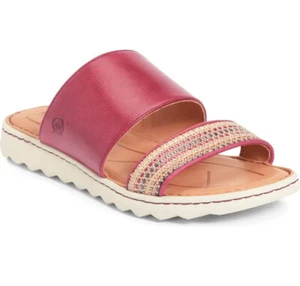 NIB BORN Womens Shore Slide Leather Flat Sandal US 9/EURO 40.5 Red Fabric Combo - Picture 1 of 12