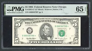 1995 $5 Five Dollar Bill Fr#1985-G* FRN Star Note Chicago PMG 65 EPQ #G00036799* - Picture 1 of 2
