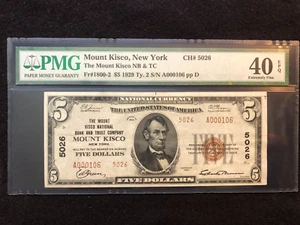 Mount Kisco, New York Series of 1929 $5.00 National Currency Note, PMG 40 - Picture 1 of 7