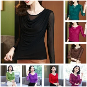 Women Mesh Shirt Sheer Thin Tops Slim Fit Tee Latin Dance Bottoming Blouse - Picture 1 of 26