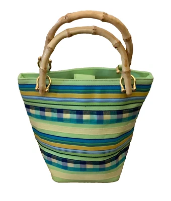 Tiannl Multicolor Ribbon Green Blue Double Bamboo Handle Spring Summer Handbag - Image 1 of 4