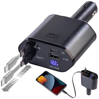 revolt 4in1-Kfz-USB-Ladegerät, USB-C & USB-A, 2 ausziehbare USB-C-Kabel, 66 W - Bild 1 von 4